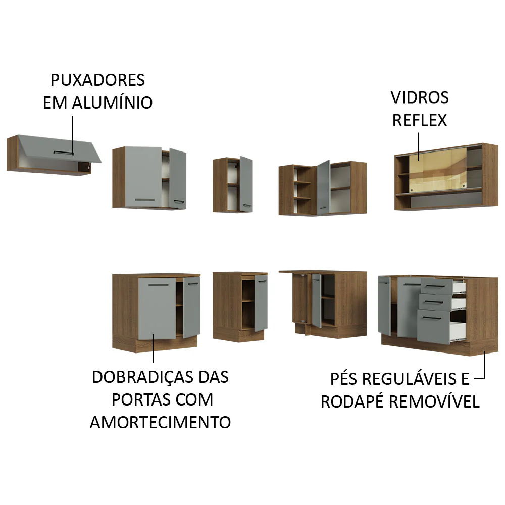 Armário de Cozinha Completa de Canto 486cm Rustic/Cinza 60cm de Profundidade Agata Madesa 01 - Image 4