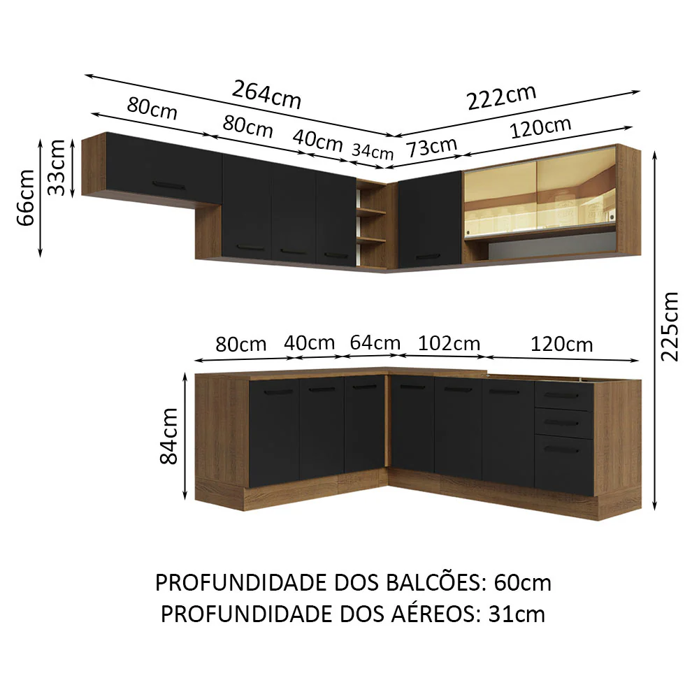 Armário de Cozinha Completa de Canto 486cm Rustic/Preto 60cm de Profundidade Agata Madesa 01 - Image 3
