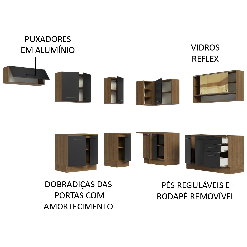Armário de Cozinha Completa de Canto 486cm Rustic/Preto 60cm de Profundidade Agata Madesa 01 - Image 4