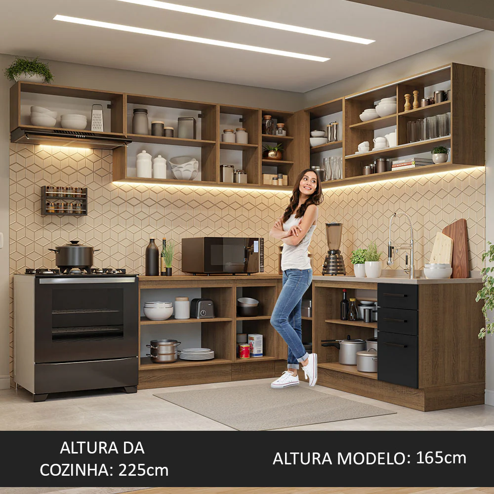 Armário de Cozinha Completa de Canto 486cm Rustic/Preto 60cm de Profundidade Agata Madesa 01 - Image 5