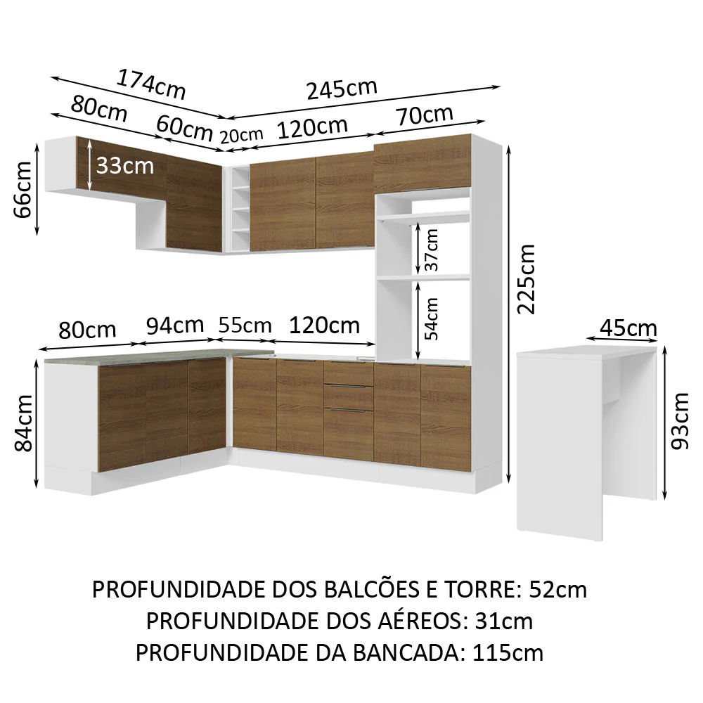 Armário de Cozinha Completa de Canto 489cm Branco/Rustic Stella Madesa - Image 3