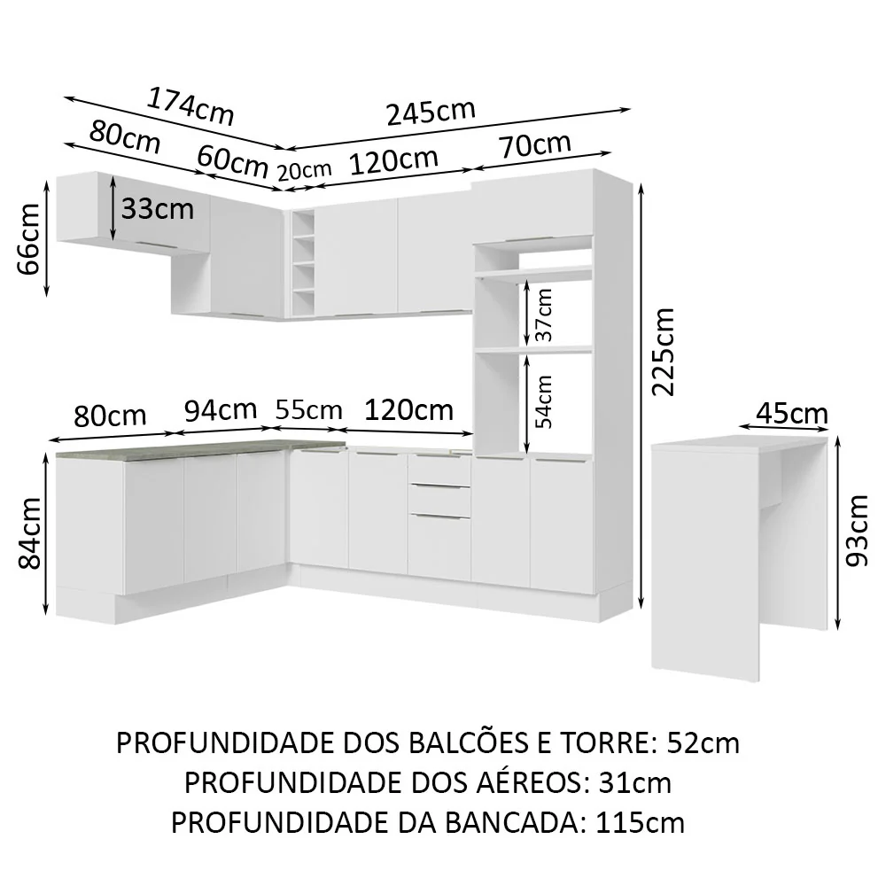 Armário de Cozinha Completa de Canto 489cm Branco Stella Madesa - Image 3