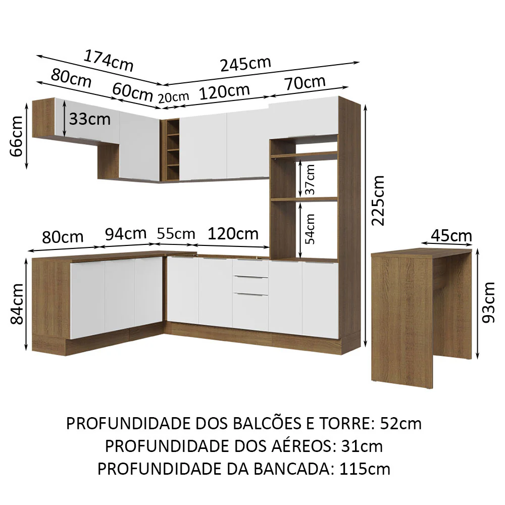 Armário de Cozinha Completa de Canto 489cm Rustic/Branco Stella Madesa - Image 3