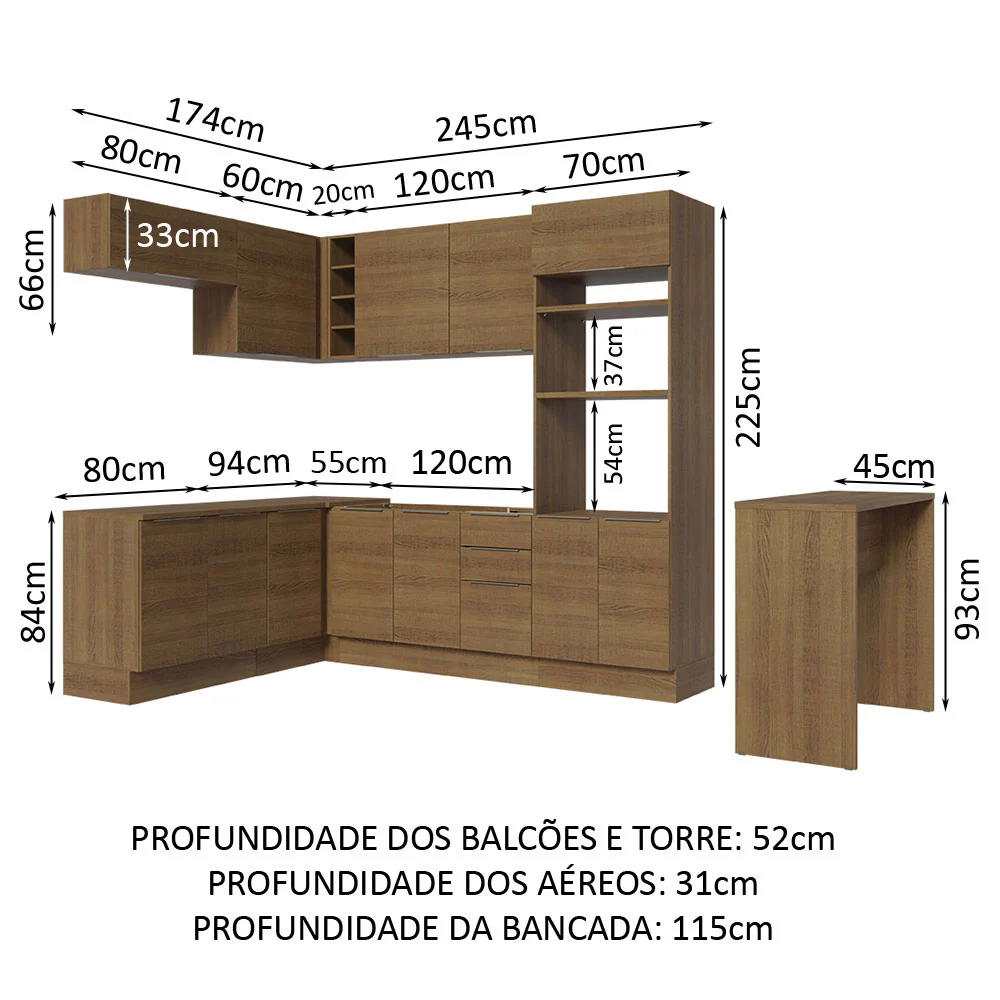 Armário de Cozinha Completa de Canto 489cm Rustic Stella Madesa - Image 3