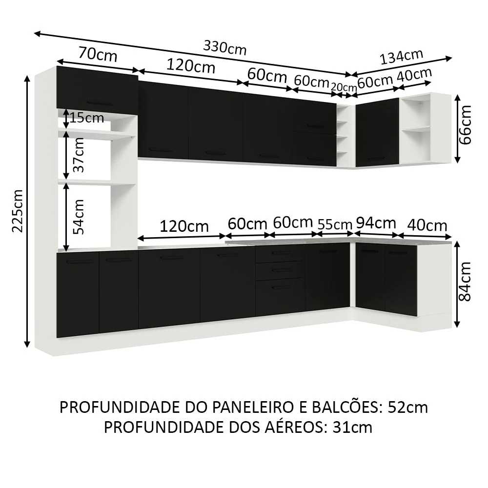 Armário de Cozinha Planejada de Canto 499cm Branco/Preto Agata Madesa 01 - Image 3