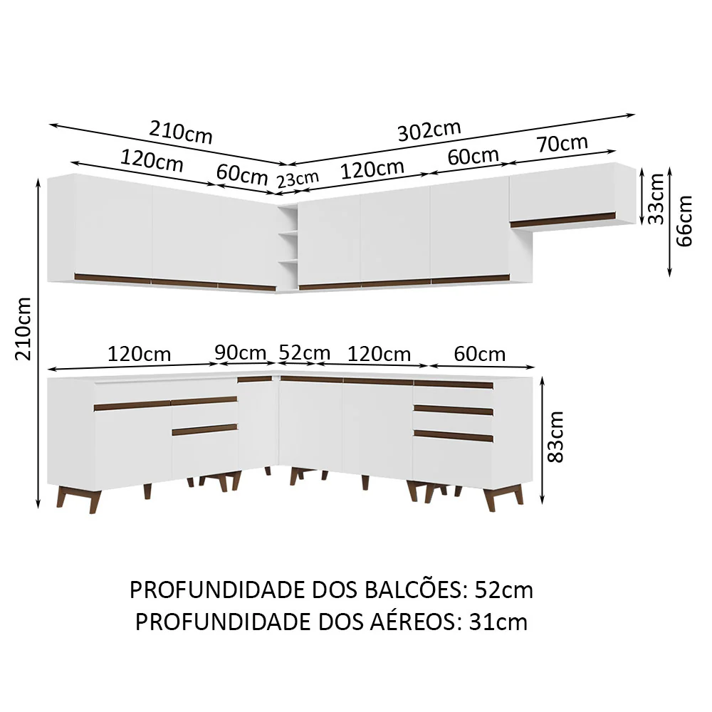 Armário de Cozinha Completa de Canto 512cm Branco Reims Madesa 01 - Image 3