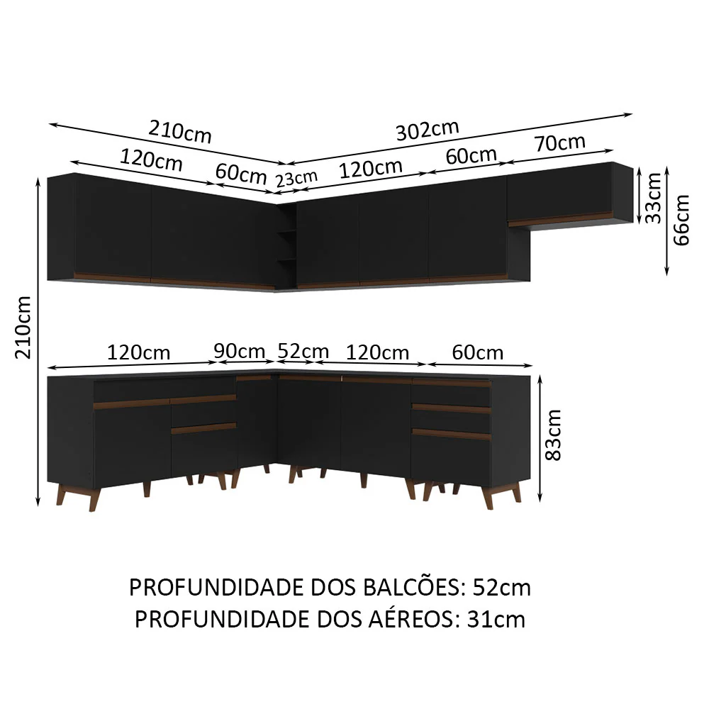 Armário de Cozinha Completa de Canto 512cm Preto Reims Madesa 01 - Image 3