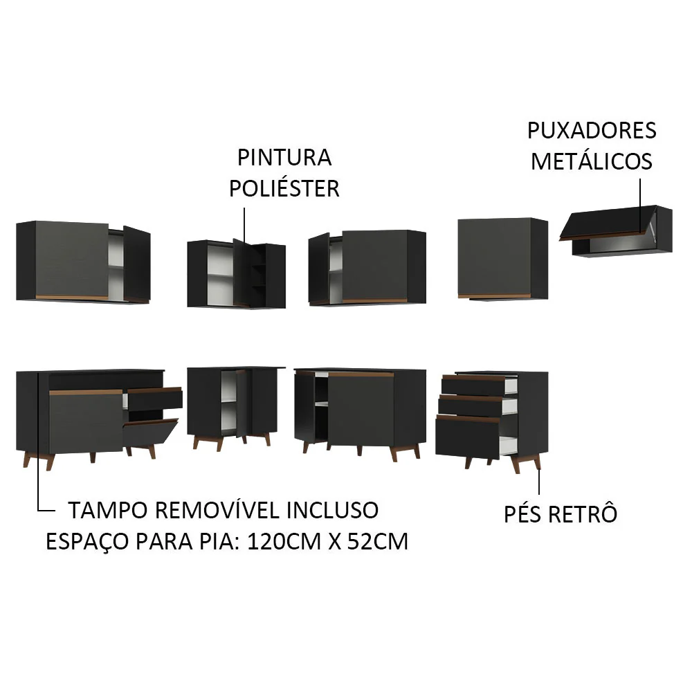 Armário de Cozinha Completa de Canto 512cm Preto Reims Madesa 01 - Image 4