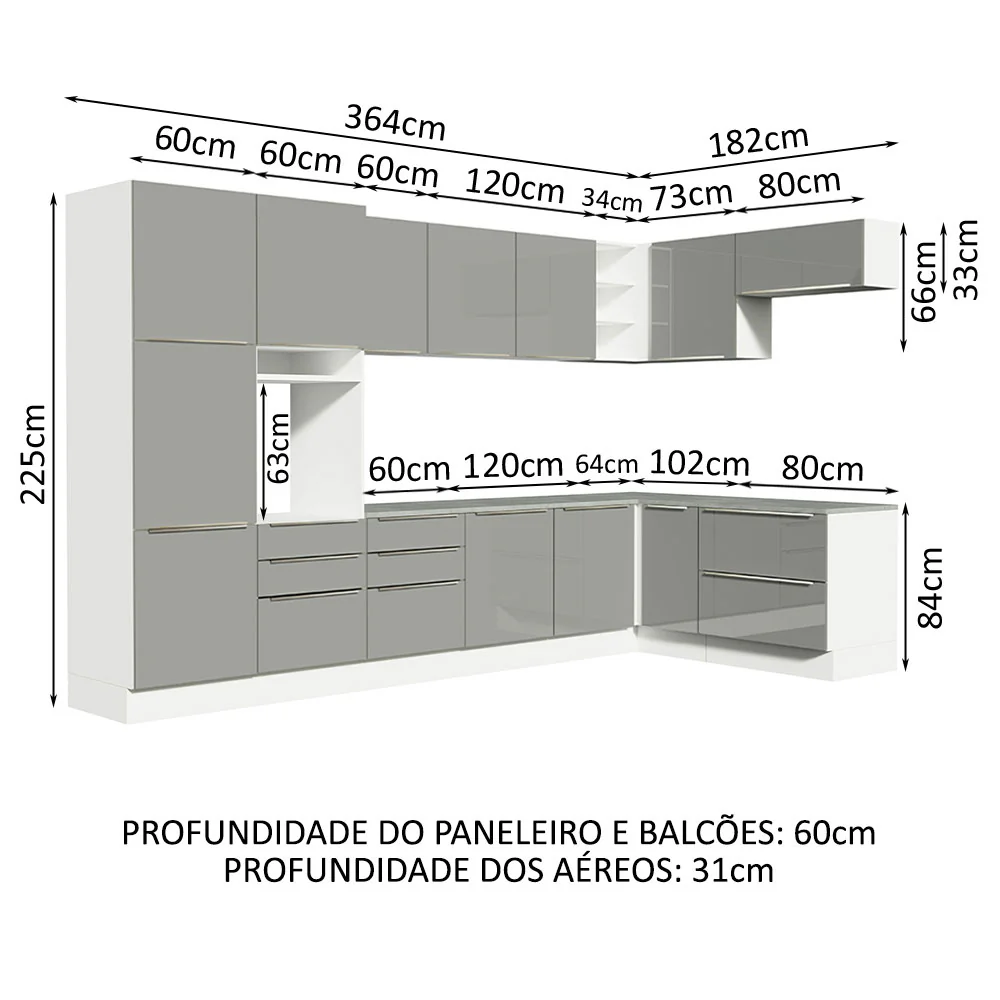 Armário de Cozinha Completa de Canto 546 x 60 cm Branco/Cinza Lux Madesa 05 - Image 3