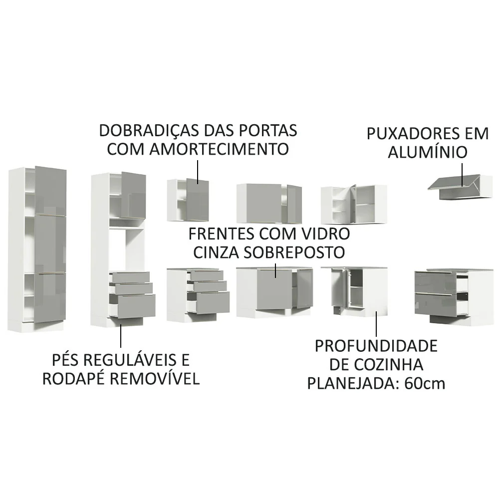 Armário de Cozinha Completa de Canto 546 x 60 cm Branco/Cinza Lux Madesa 05 - Image 4