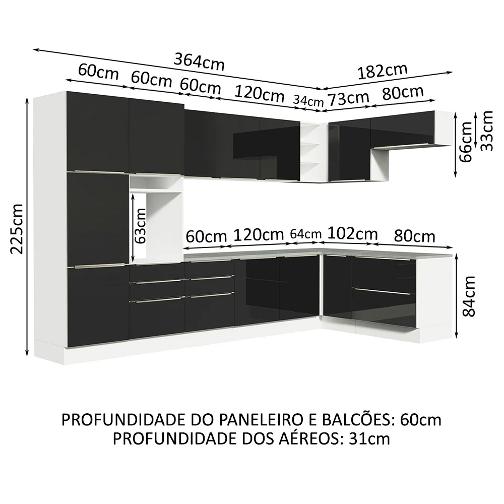 Armário de Cozinha Completa de Canto 546 x 60 cm Branco/Preto Lux Madesa 05 - Image 3