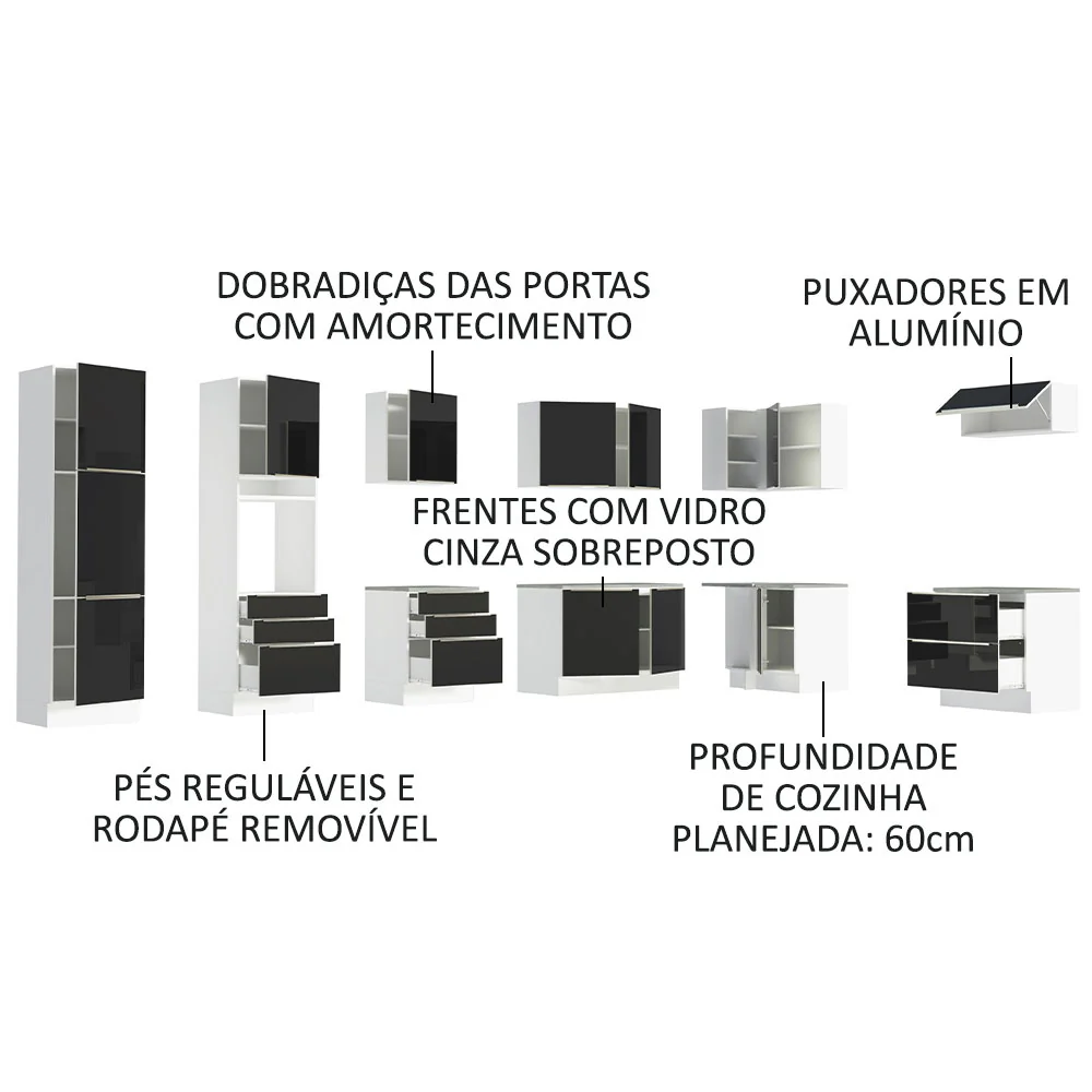 Armário de Cozinha Completa de Canto 546 x 60 cm Branco/Preto Lux Madesa 05 - Image 4