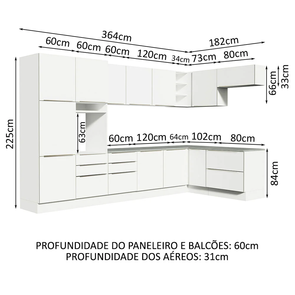 Armário de Cozinha Completa de Canto 546 x 60 cm Branco Veludo Lux Madesa 05 - Image 3