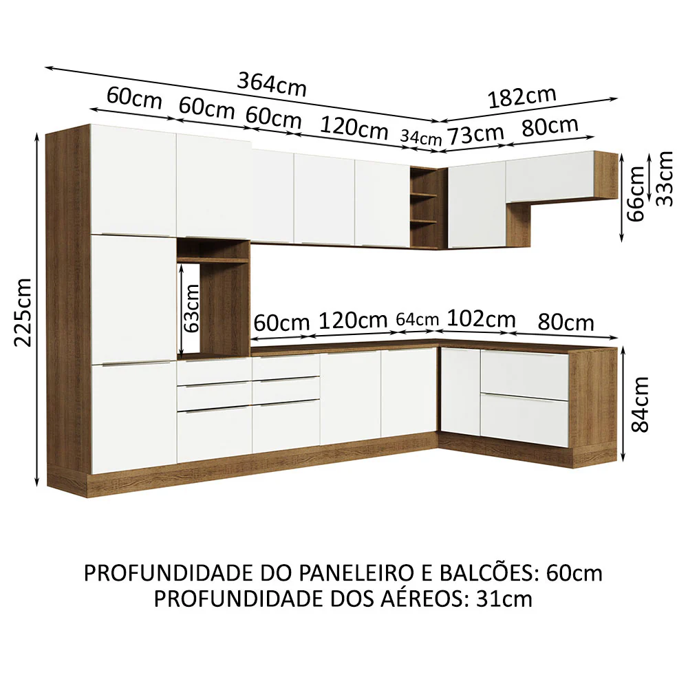 Armário de Cozinha Completa de Canto 546 x 60 cm Rustic/Branco Veludo Lux Madesa 05 - Image 3