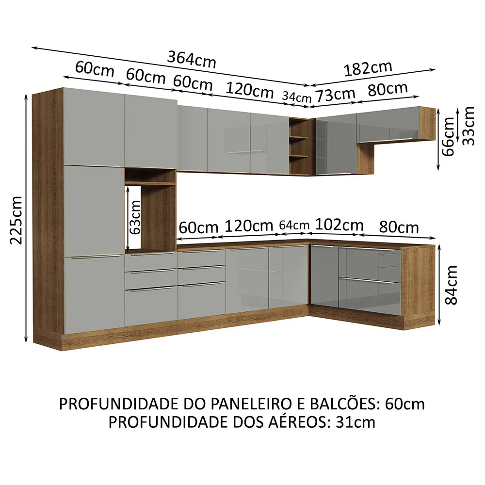 Armário de Cozinha Completa de Canto 546 x 60 cm Rustic/Cinza Lux Madesa 05 - Image 3