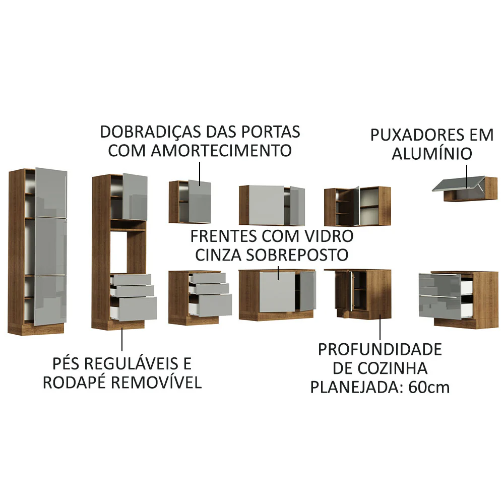 Armário de Cozinha Completa de Canto 546 x 60 cm Rustic/Cinza Lux Madesa 05 - Image 4