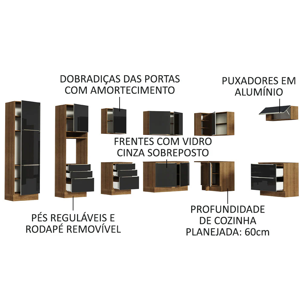 Armário de Cozinha Completa de Canto 546 x 60 cm Rustic/Preto Lux Madesa 05 - Image 4