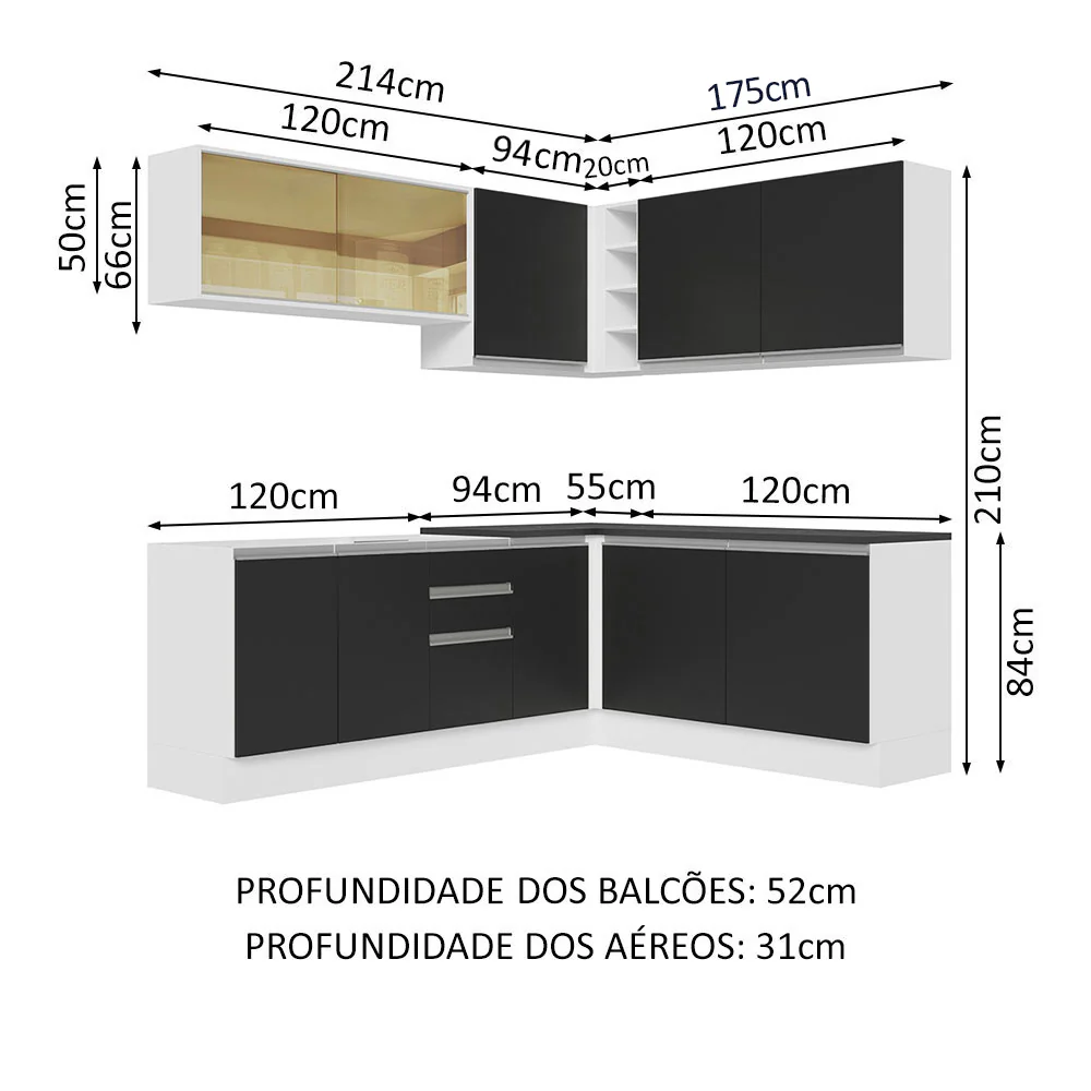 Armário de Cozinha Completa de Canto 100% MDF 389cm Branco/Preto Acordes Madesa 02 - Image 3