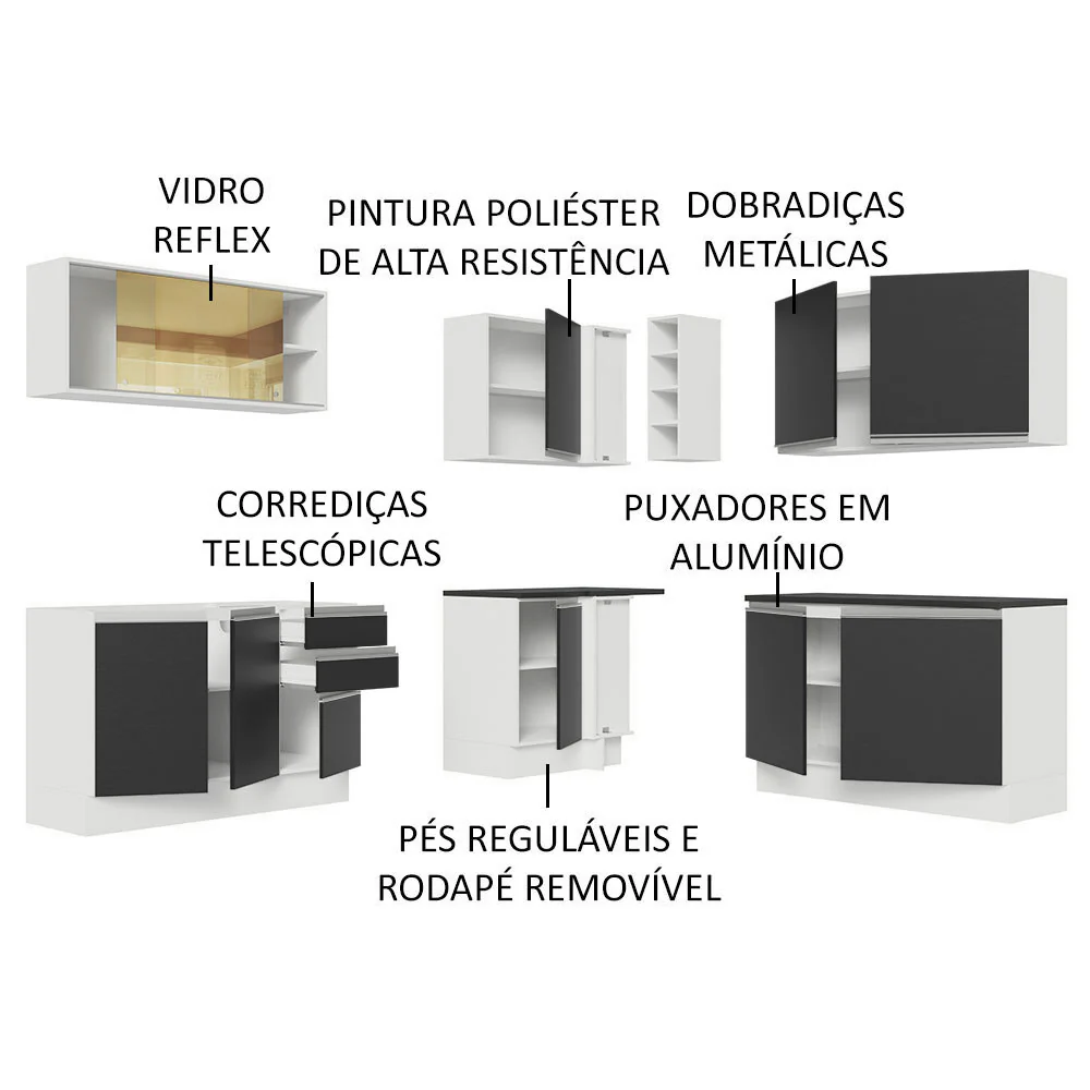 Armário de Cozinha Completa de Canto 100% MDF 389cm Branco/Preto Acordes Madesa 02 - Image 4