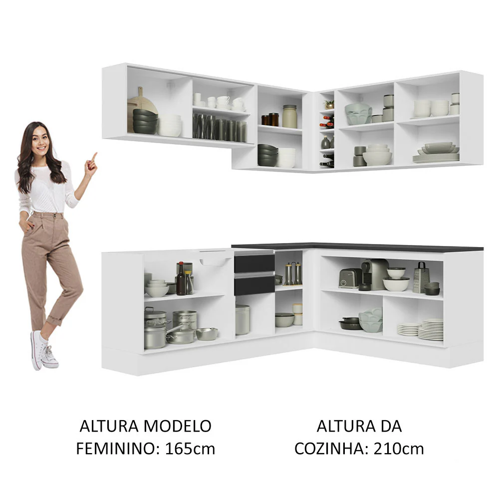 Armário de Cozinha Completa de Canto 100% MDF 389cm Branco/Preto Acordes Madesa 02 - Image 5