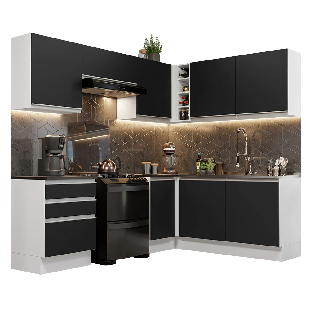 Armário de Cozinha Completa de Canto 100% MDF 409cm Branco/Preto Acordes Madesa 01 - Image 2