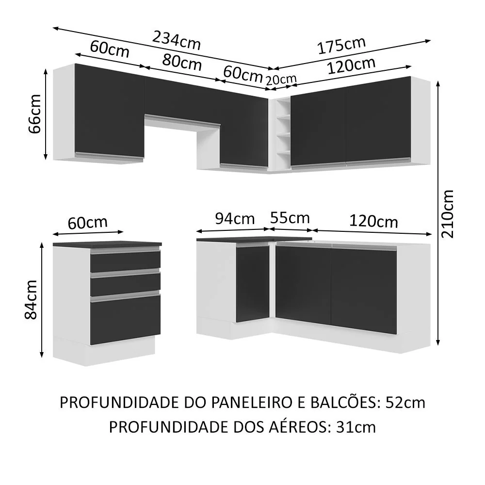 Armário de Cozinha Completa de Canto 100% MDF 409cm Branco/Preto Acordes Madesa 01 - Image 3