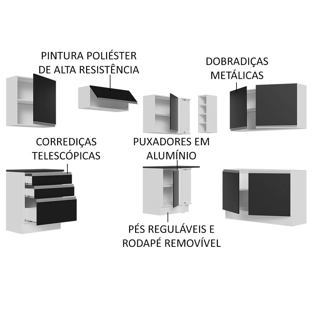 Armário de Cozinha Completa de Canto 100% MDF 409cm Branco/Preto Acordes Madesa 01 - Image 4