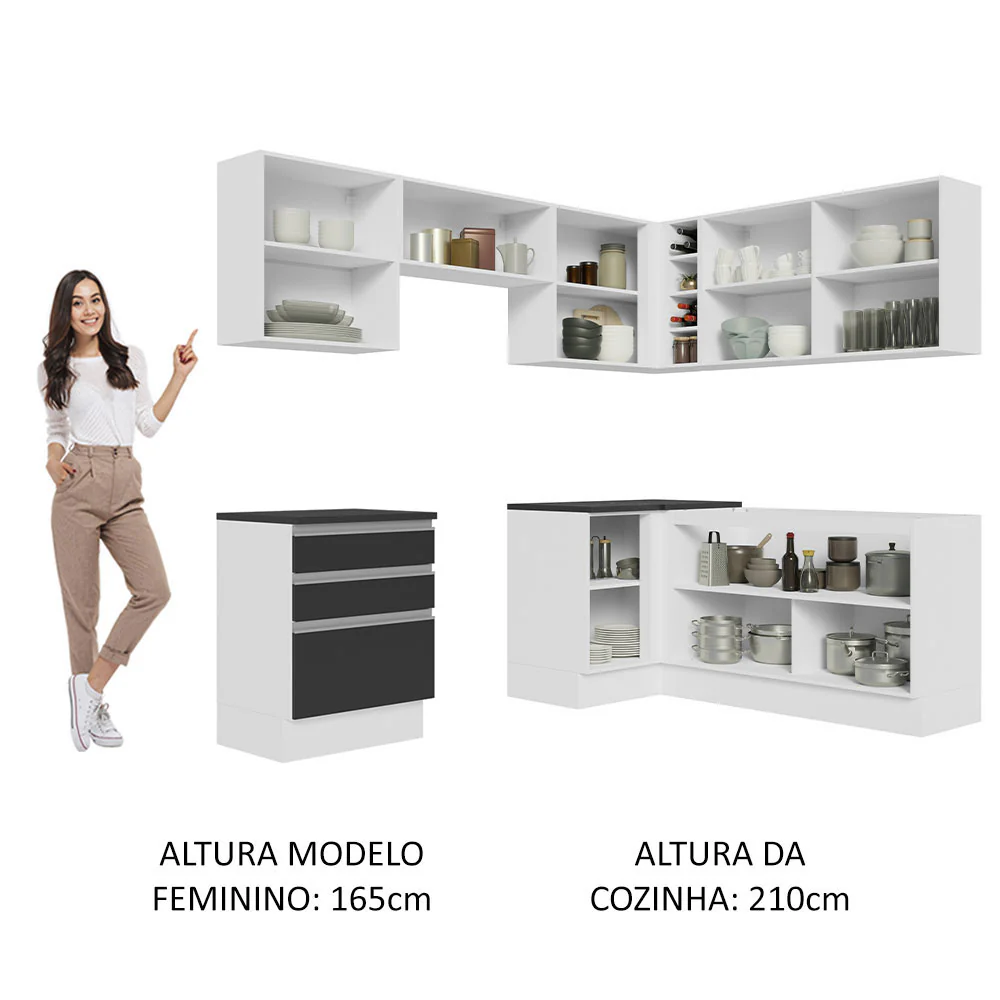 Armário de Cozinha Completa de Canto 100% MDF 409cm Branco/Preto Acordes Madesa 01 - Image 5