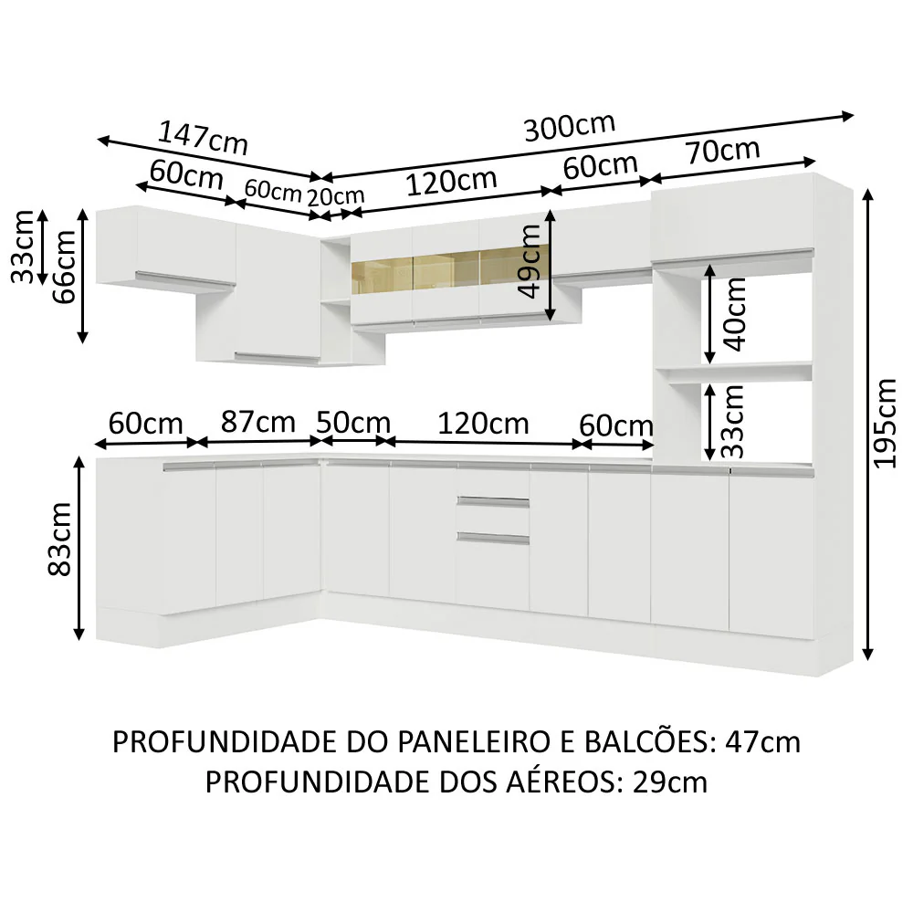 Armário de Cozinha Completa de Canto 100% MDF 447cm Frentes Branco Smart Madesa 02 - Image 3