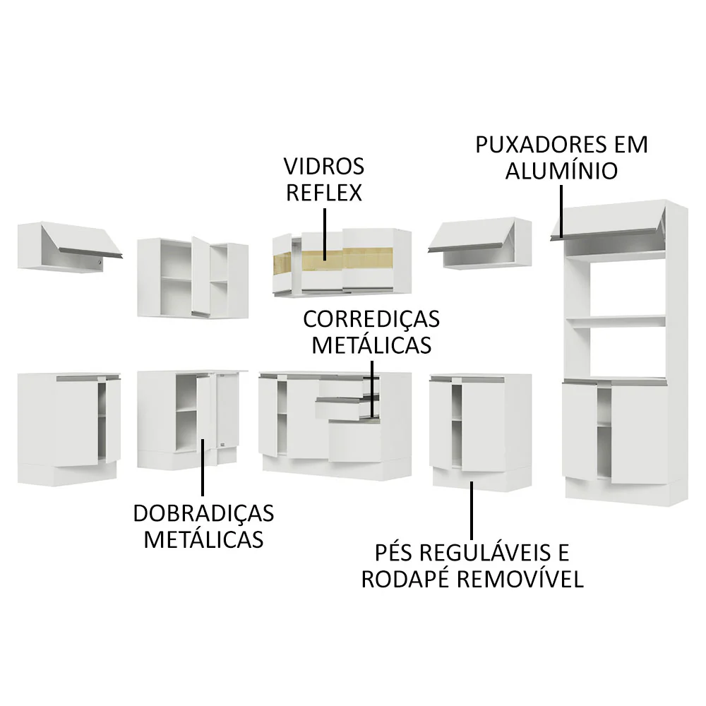 Armário de Cozinha Completa de Canto 100% MDF 447cm Frentes Branco Smart Madesa 02 - Image 4