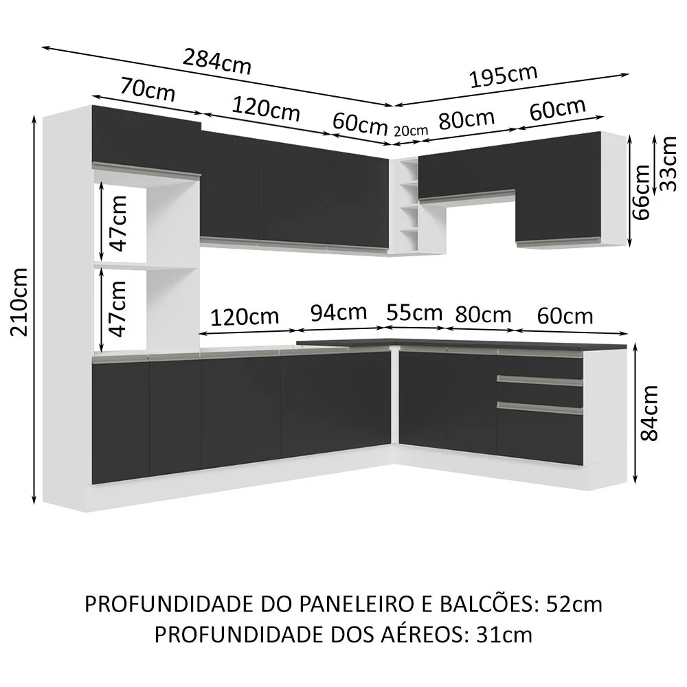 Armário de Cozinha Completa de Canto 100% MDF 479cm Branco/Preto Acordes Madesa 03 - Image 3