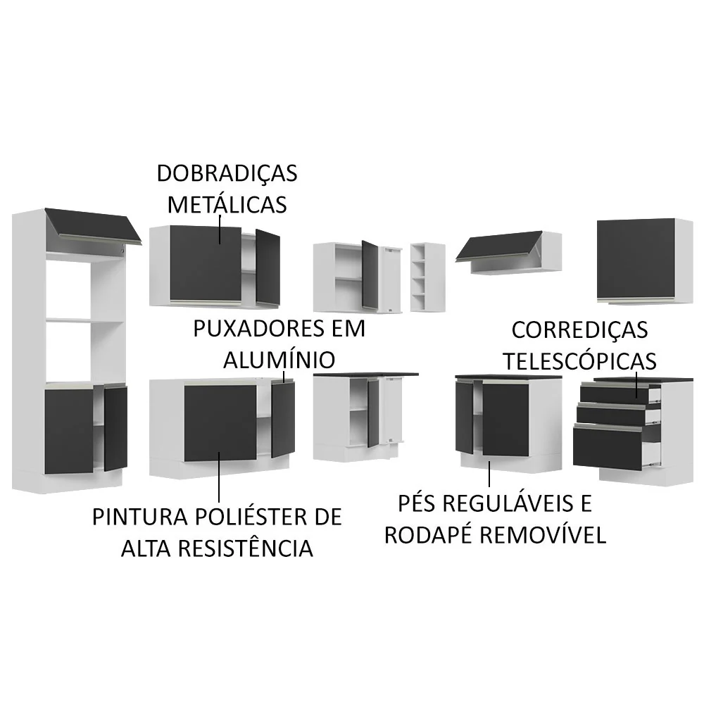 Armário de Cozinha Completa de Canto 100% MDF 479cm Branco/Preto Acordes Madesa 03 - Image 4