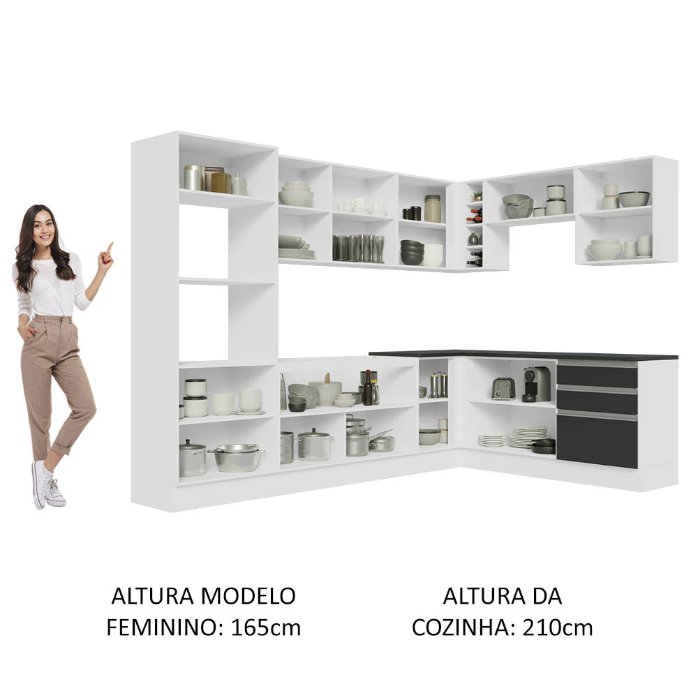 Armário de Cozinha Completa de Canto 100% MDF 479cm Branco/Preto Acordes Madesa 03 - Image 5
