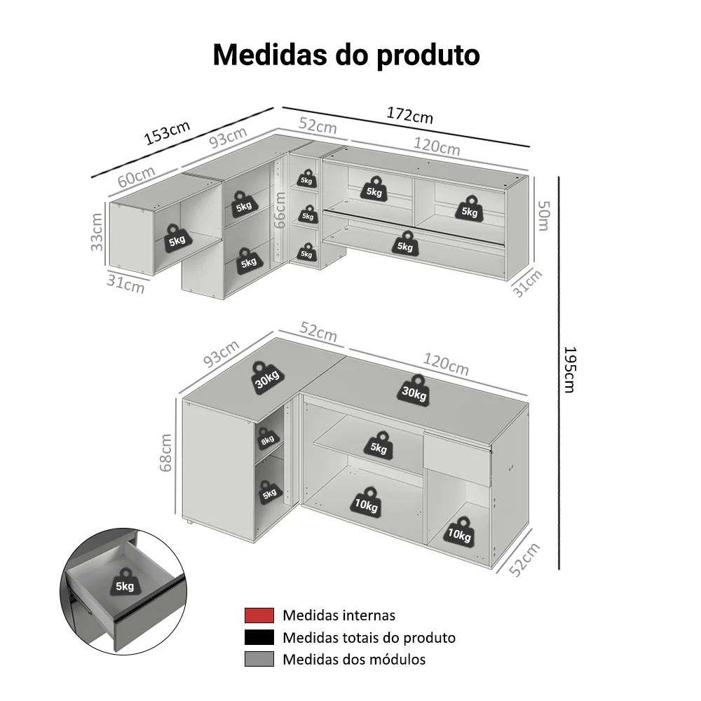 Armário de Cozinha Completa de Canto Suspenso 325cm Cinza Nice Madesa 01 - Image 3