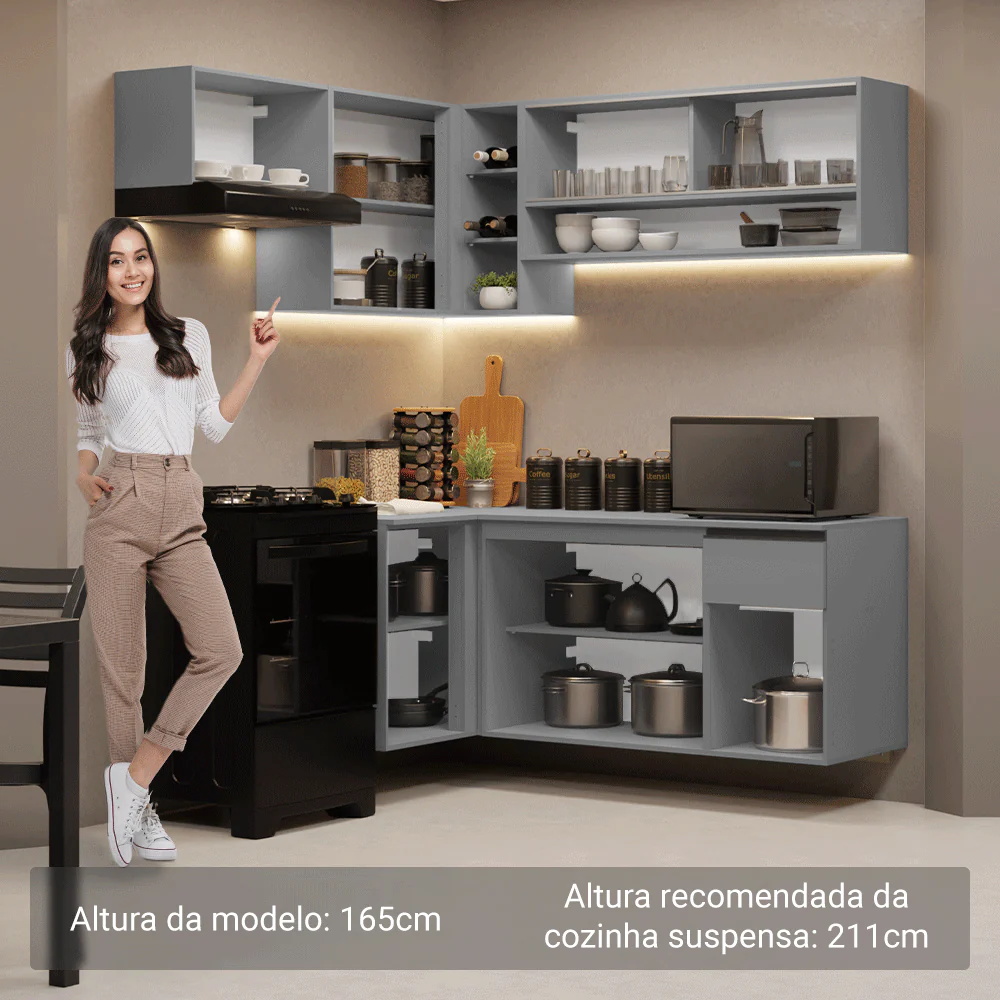 Armário de Cozinha Completa de Canto Suspenso 325cm Cinza Nice Madesa 01 - Image 5