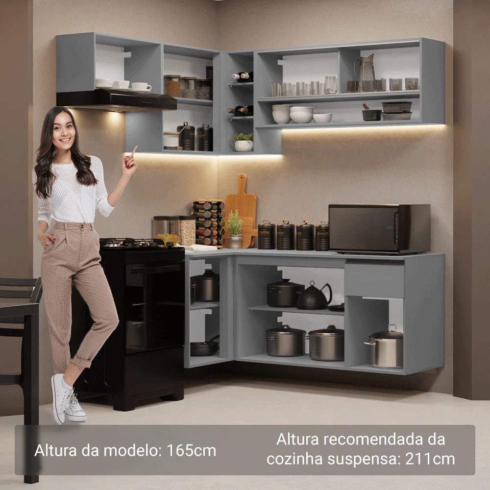 Armário de Cozinha Completa de Canto Suspenso 325cm Cinza Nice Madesa 02 - Image 5