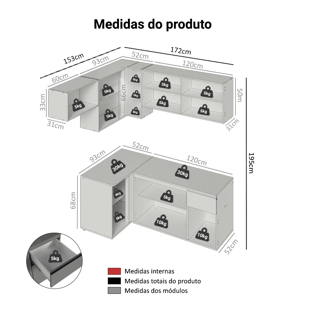 Armário de Cozinha Completa de Canto Suspenso 325cm Cinza Nice Madesa 05 - Image 3
