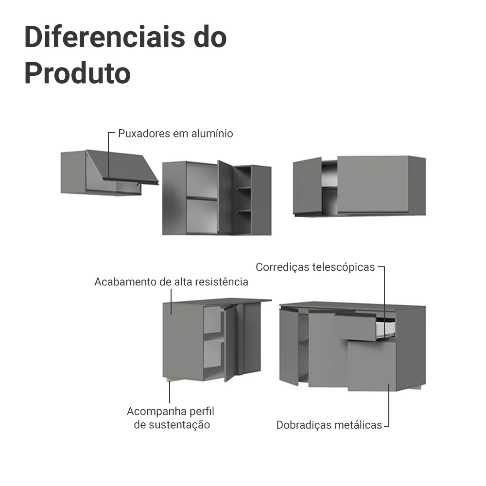 Armário de Cozinha Completa de Canto Suspenso 325cm Cinza Nice Madesa 05 - Image 4