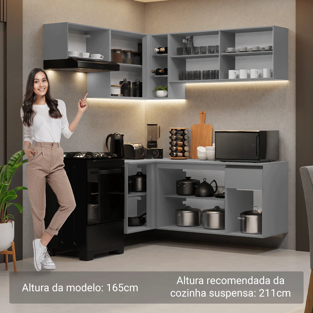 Armário de Cozinha Completa de Canto Suspenso 325cm Cinza Nice Madesa 05 - Image 5