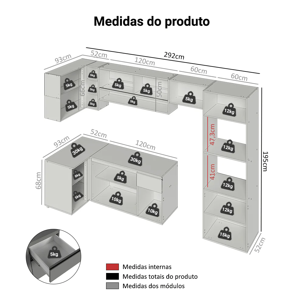 Armário de Cozinha Completa de Canto Suspenso 385cm Cinza Nice Madesa 01 - Image 3