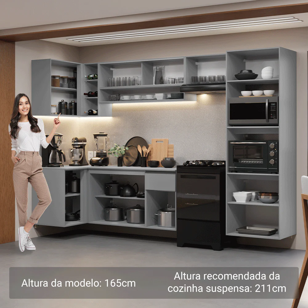 Armário de Cozinha Completa de Canto Suspenso 385cm Cinza Nice Madesa 01 - Image 5