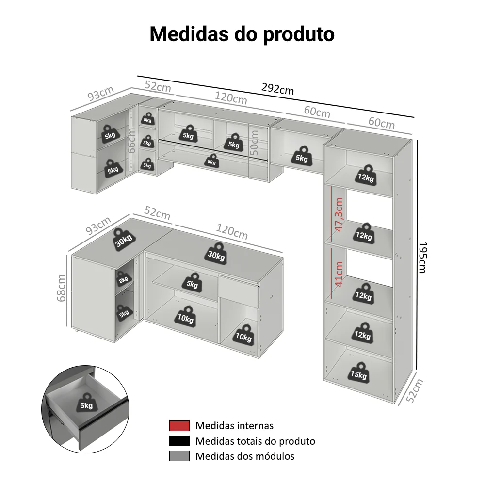 Armário de Cozinha Completa de Canto Suspenso 385cm Cinza Nice Madesa 02 - Image 3
