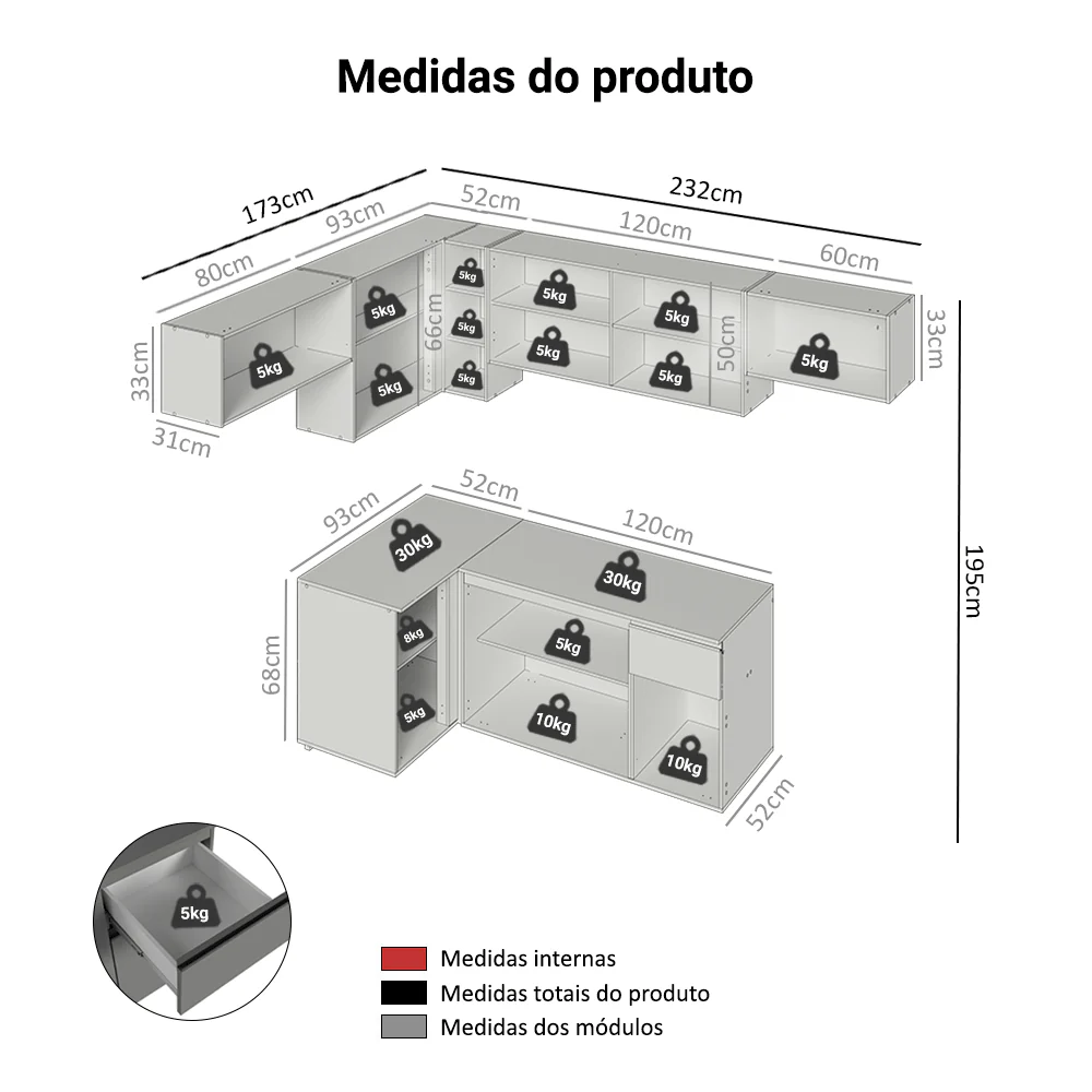 Armário de Cozinha Completa de Canto Suspenso 405cm Cinza Nice Madesa 01 - Image 3
