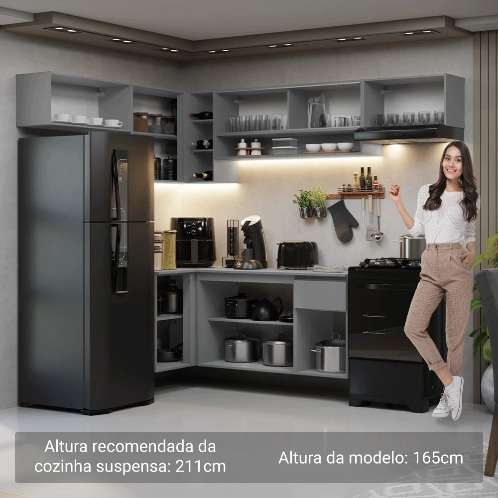 Armário de Cozinha Completa de Canto Suspenso 405cm Cinza Nice Madesa 04 - Image 5