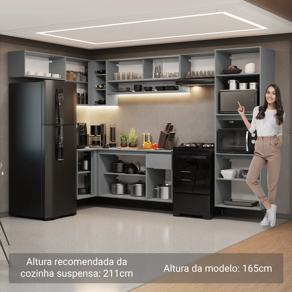 Armário de Cozinha Completa de Canto Suspenso 465cm Cinza Nice Madesa 06 - Image 5