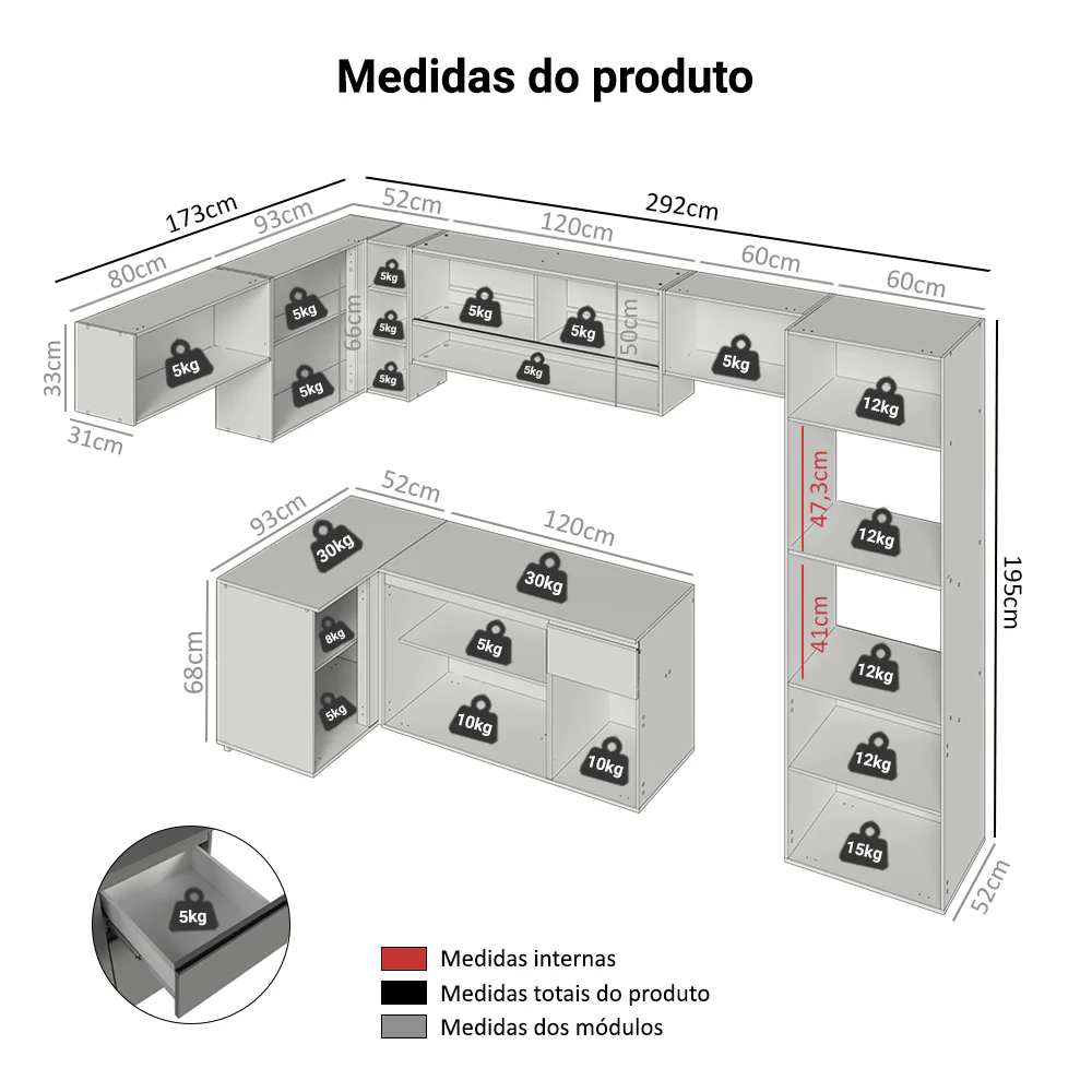 Armário de Cozinha Completa de Canto Suspenso 465cm Cinza Nice Madesa 07 - Image 3