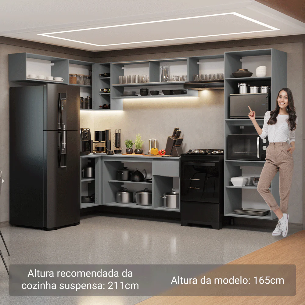 Armário de Cozinha Completa de Canto Suspenso 465cm Cinza Nice Madesa 07 - Image 5