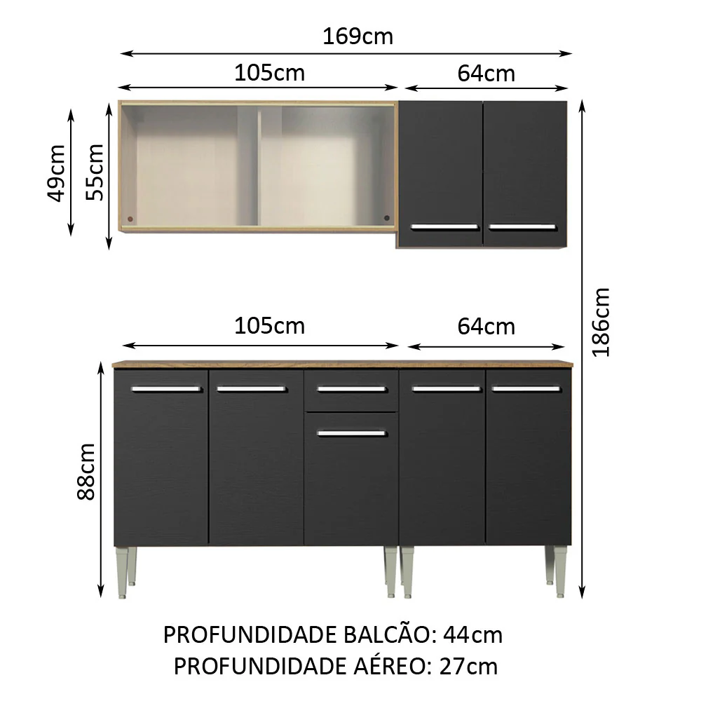 Armário de Cozinha Completa 169cm Rustic/Preto Emilly Box Madesa 03 - Image 3
