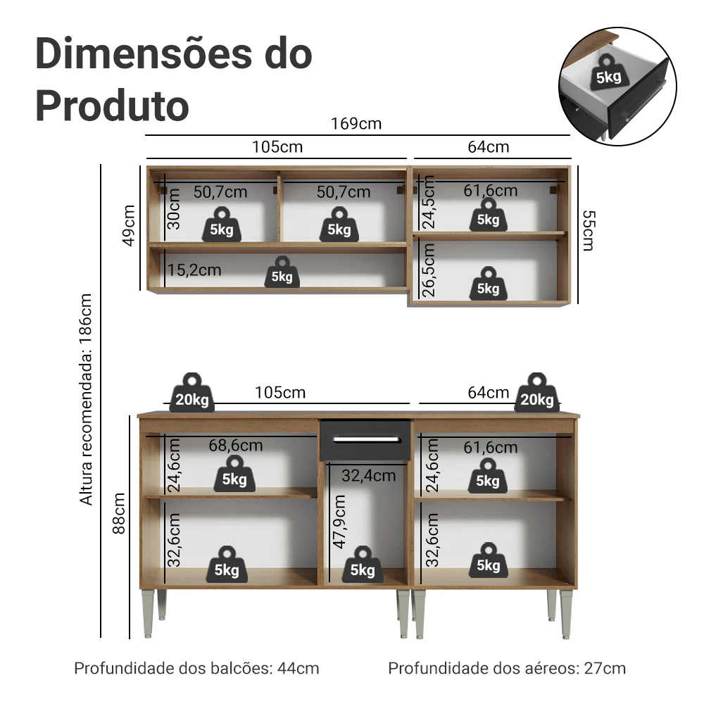 Armário de Cozinha Completa 169cm Rustic/Preto Emilly Dance Madesa 07 - Image 3
