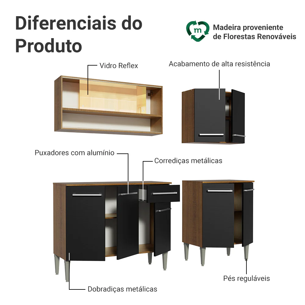 Armário de Cozinha Completa 169cm Rustic/Preto Emilly Dance Madesa 07 - Image 4